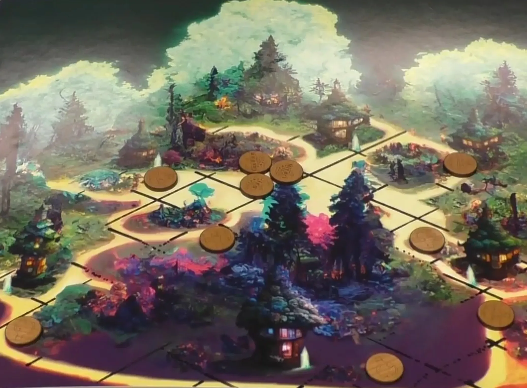 The Mind Monkey board laid out for play, its painted track ringed by card decks and tokens.