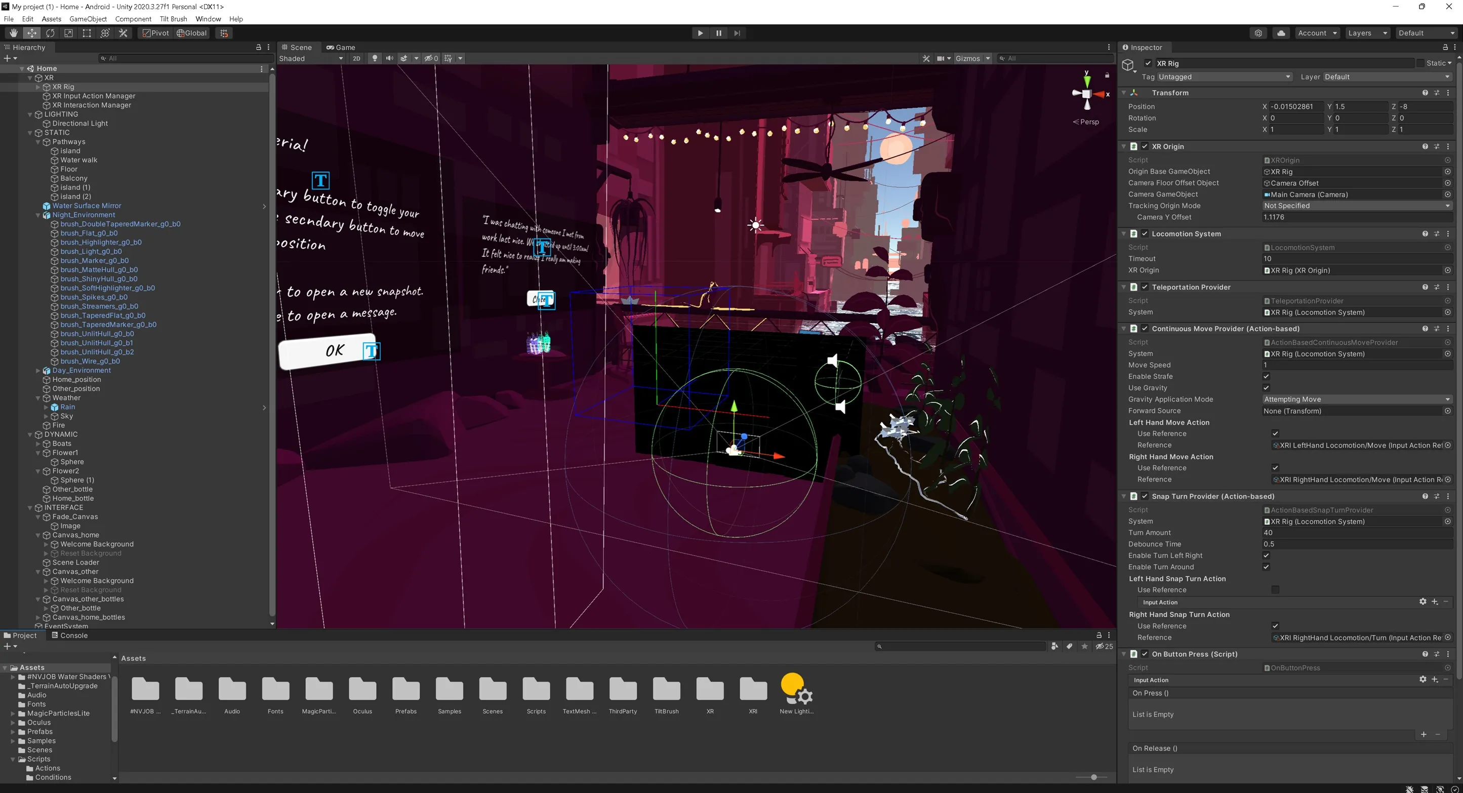 The Soteria scene open in the Unity editor: the hierarchy lists the XR rig, weather and rain, the fire, the boats and the flowers, and the inspector shows locomotion, teleportation and snap-turn providers.