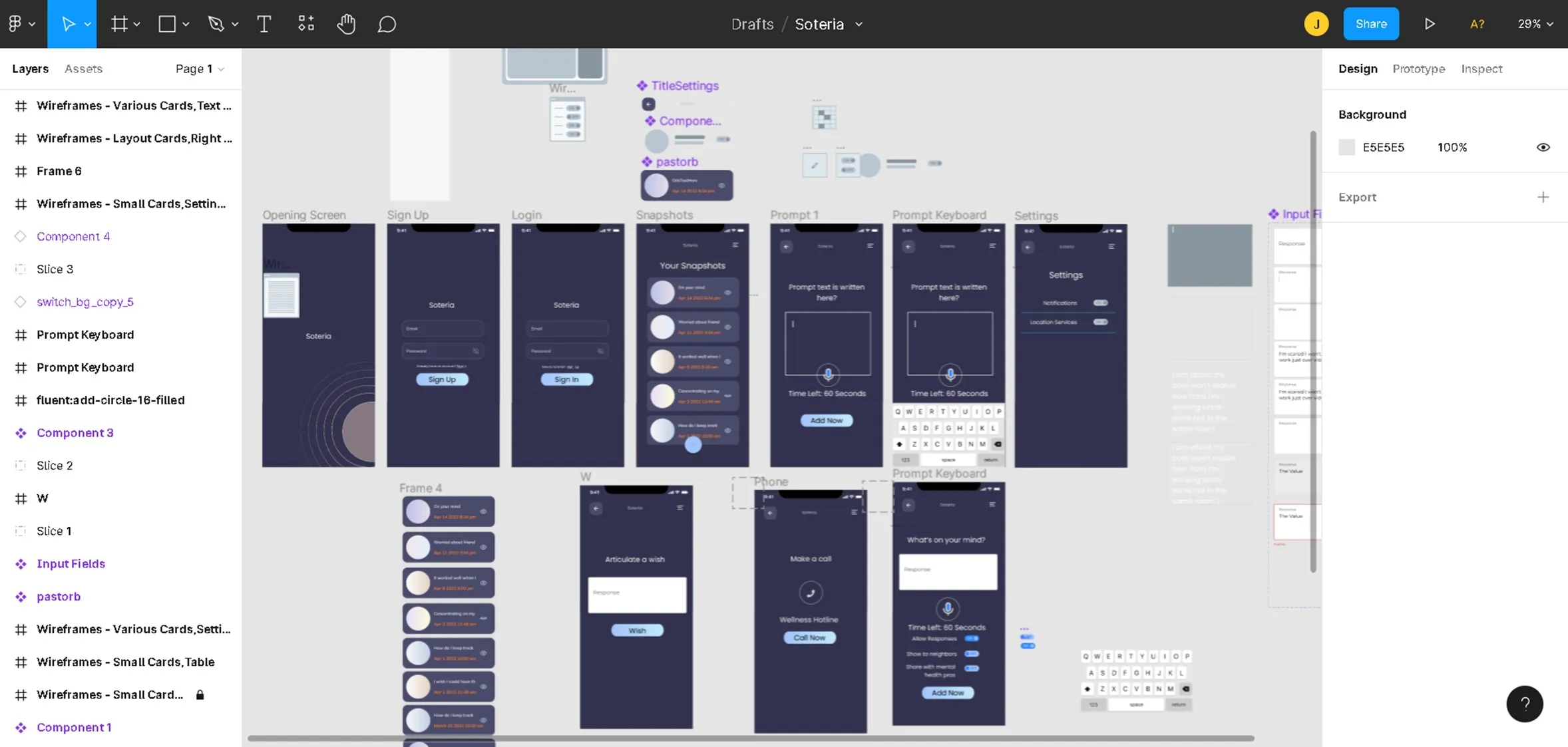 The whole mobile flow laid out at once in Figma: opening screen, sign-up, login, snapshots, prompt, keyboard, settings, wish, and a wellness hotline call screen.