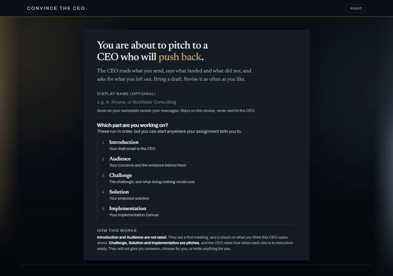 The Convince the CEO stage picker, headed "You are about to pitch to a CEO who will push back," listing its five stages in order: Introduction, Audience, Challenge, Solution and Implementation. A student can start at whichever one their assignment names.