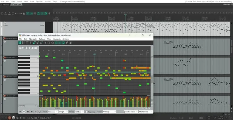 A recording session on screen: a string arrangement laid out across several tracks, with the notes of one part open in an editor.