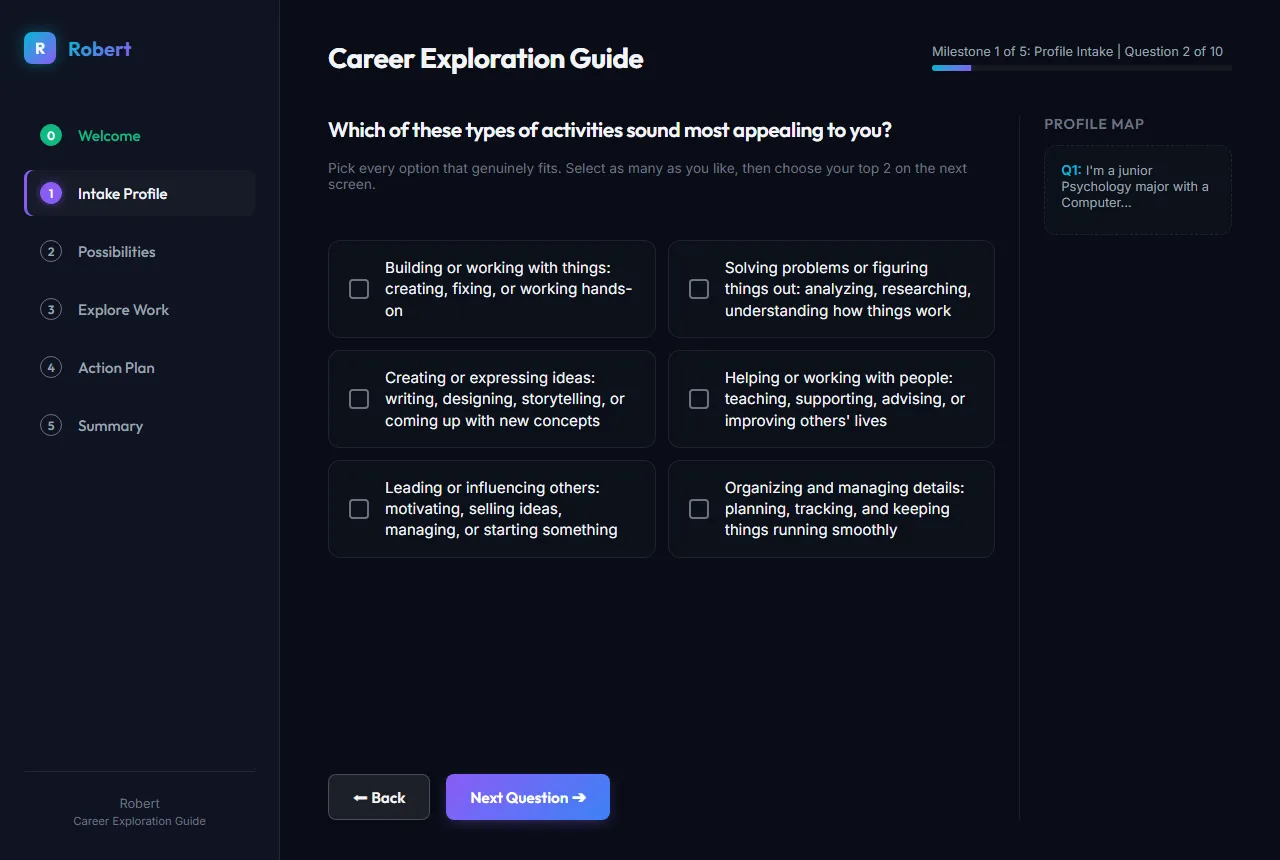 Robert asking question 2 of 10, with six activity options a student can pick from, the five-milestone rail down the left, and the Profile Map panel on the right already holding what it read from the first answer.