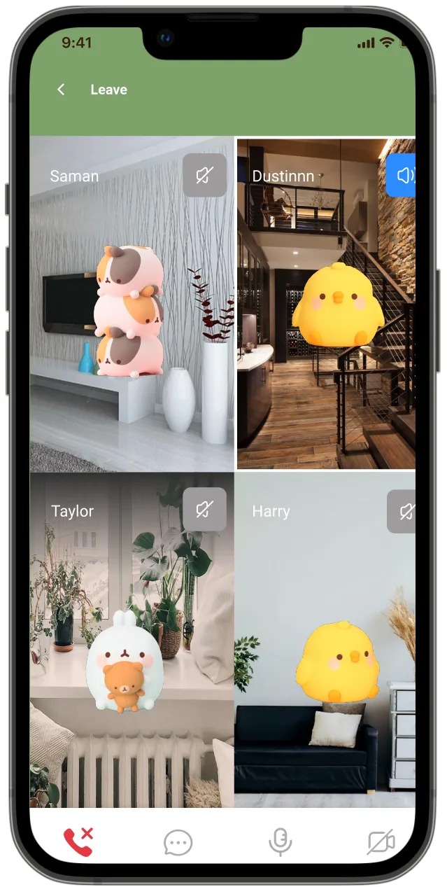 A shared study room on a phone. Four tiles fill the screen, each showing a 3D cartoon pet standing in a photographed room.