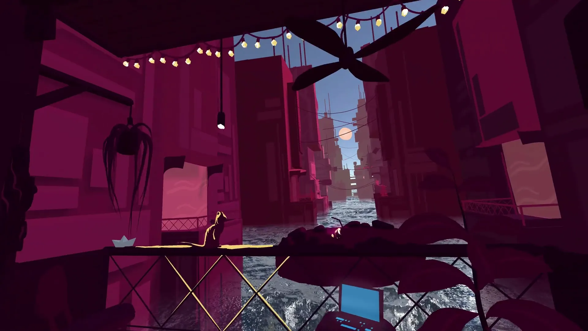 Standing on a balcony in Soteria by day, looking down a canal between pink towers: a cat and a paper boat on the railing, and a small fire glowing on an island in the water ahead.