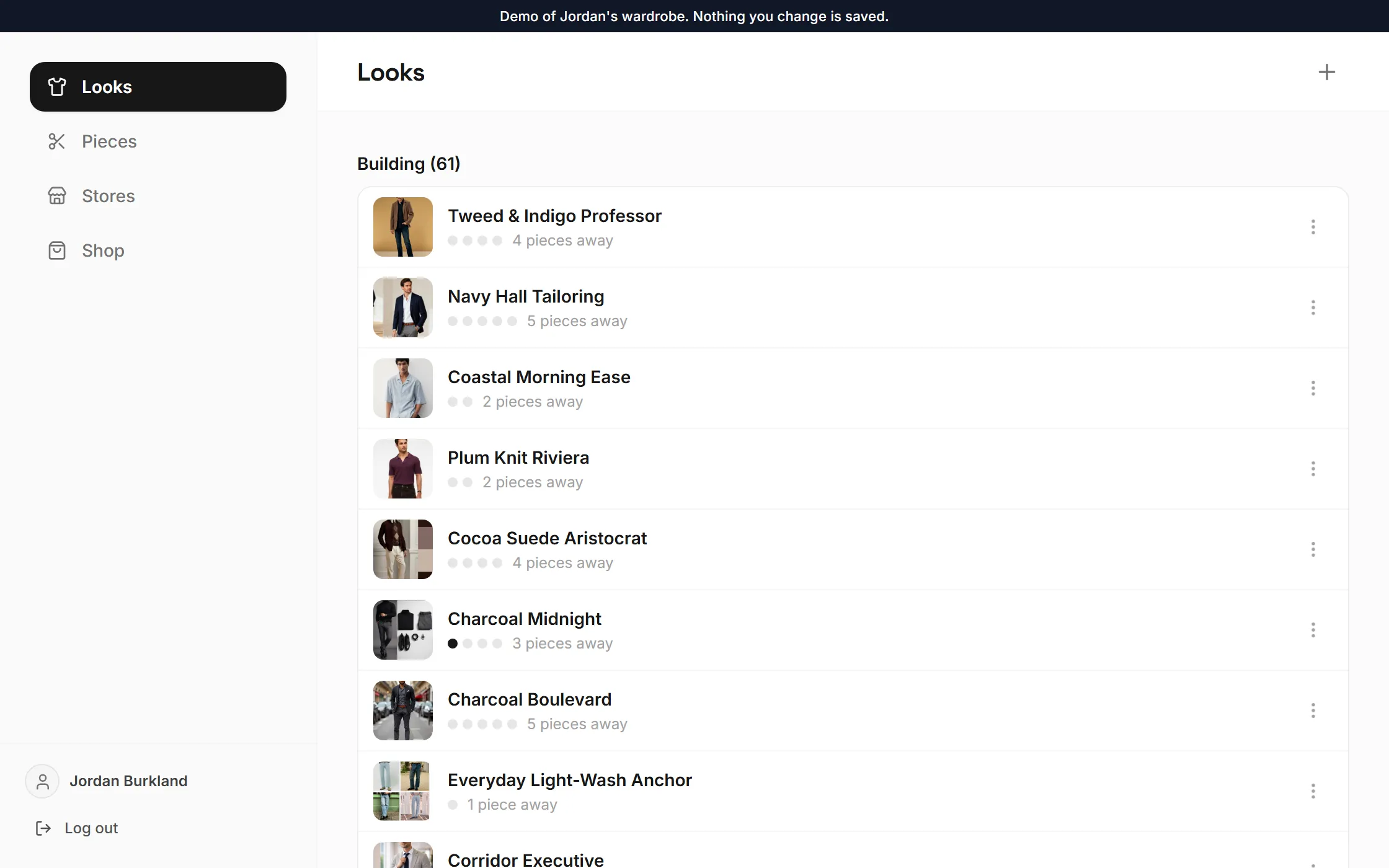 The Wardrobe Intelligence demo open on its Looks screen: 61 looks, each with a photograph and how many pieces it still needs.